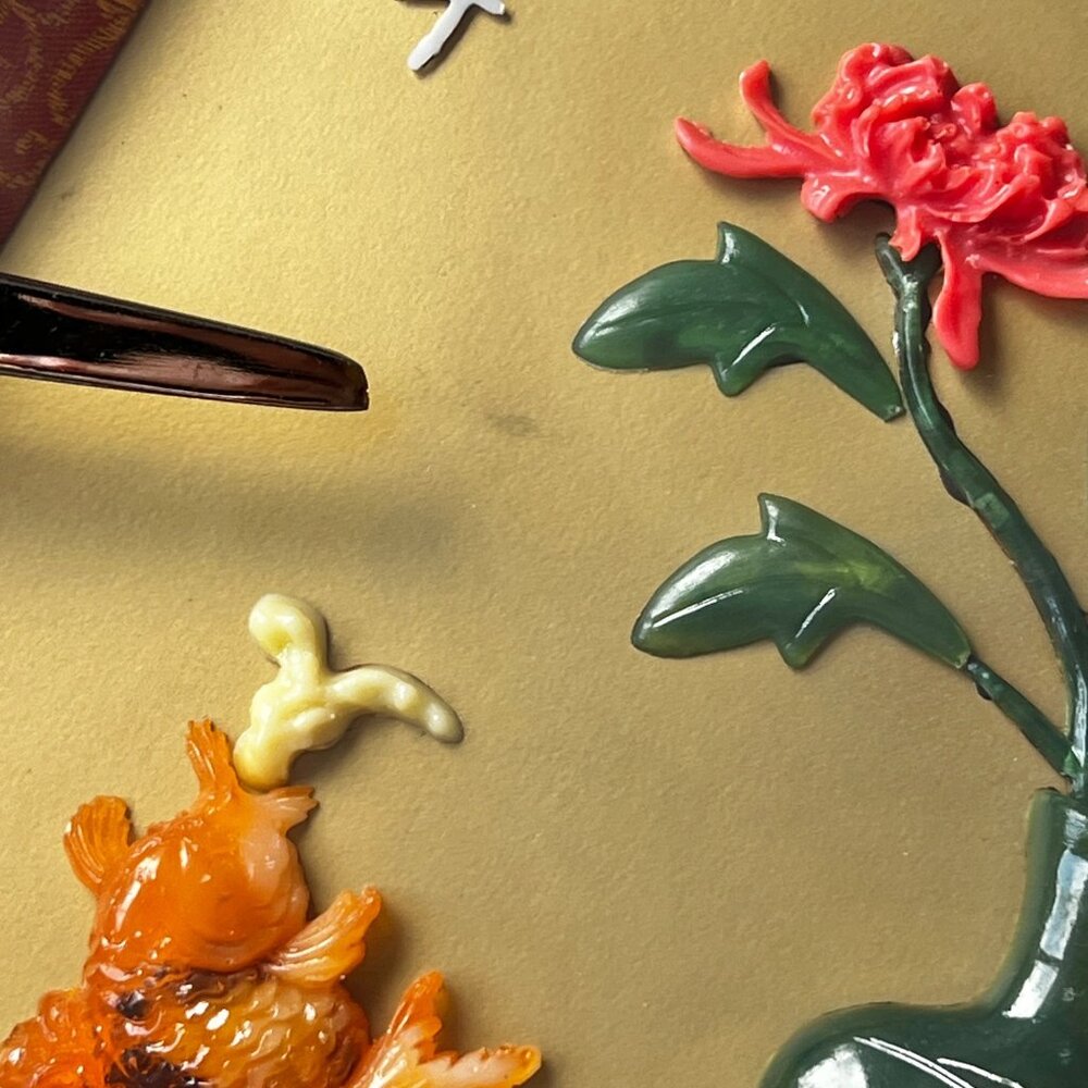 Chinese Carved faux Coral & Faux Jade Wall Art With Vase & Fish Design In Black - Picture 6 of 13